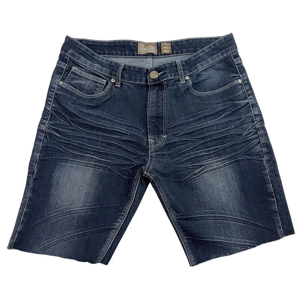Stitches & Rivets Jean Shorts Mens Size 34 Blue Slim Fit Whiskers Premium Denim